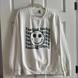 White Sweatshirt with Green Smiley Face Design